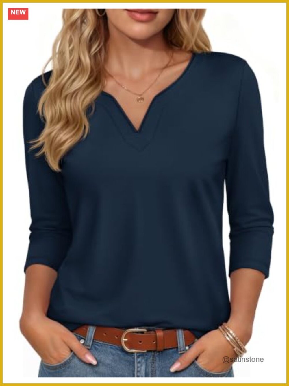 3/4 Sleeve V Neck Henley Tunic Top Women's Dressy Casual Blouse